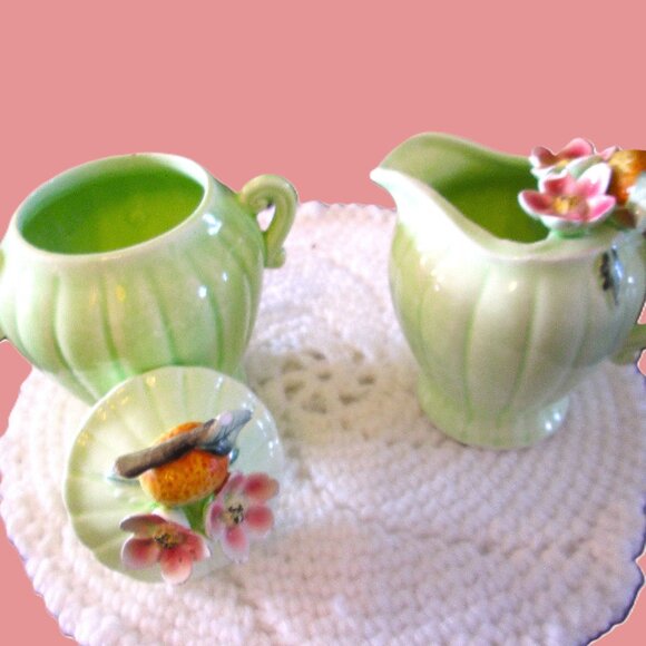 Vtg Napco Peach Blossom creamer & sugar bowl with lid from 20th cen - Picture 7 of 13